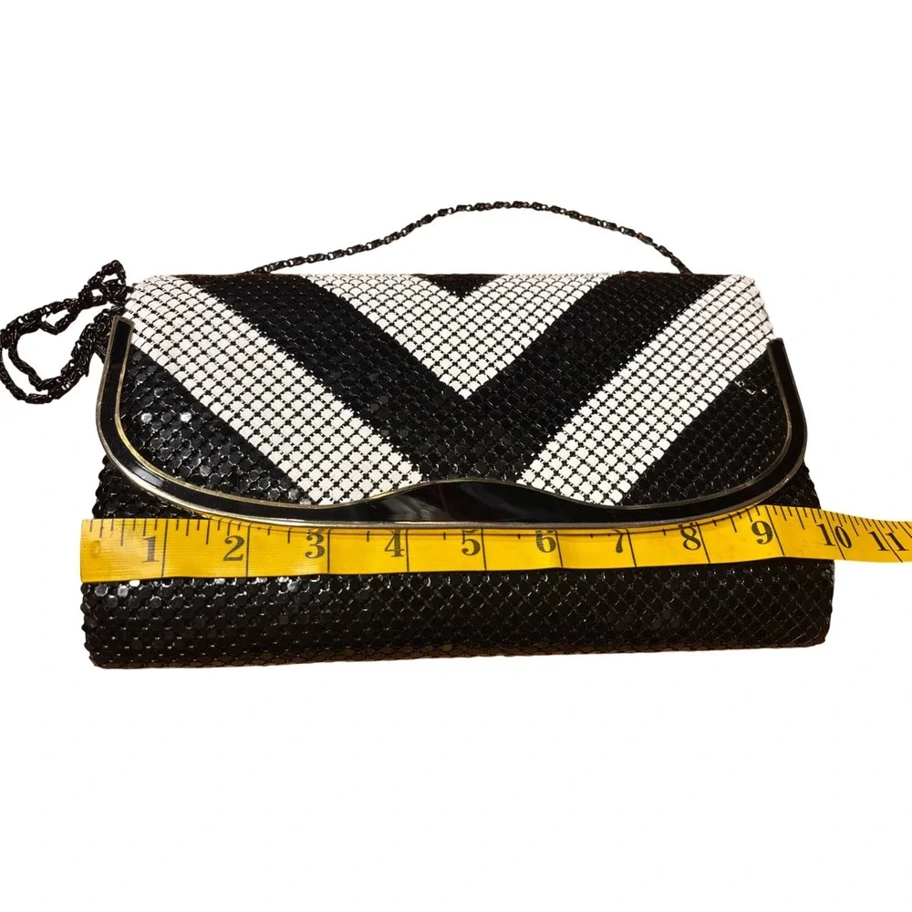 Vintage Black White Chevron Metal Mesh‎ Evening Clutch Shoulder Bag Gold Trim